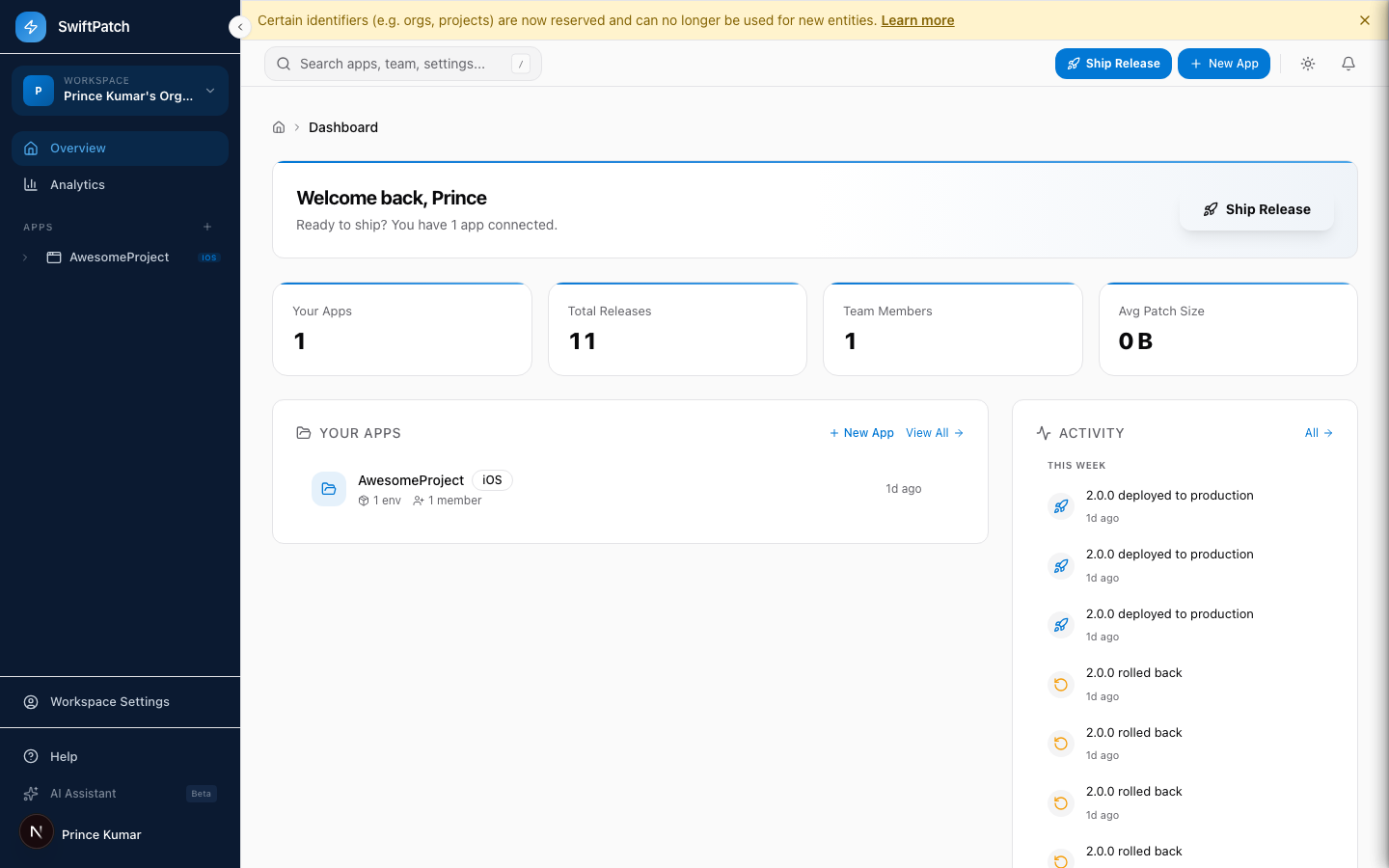 SwiftPatch dashboard home screen