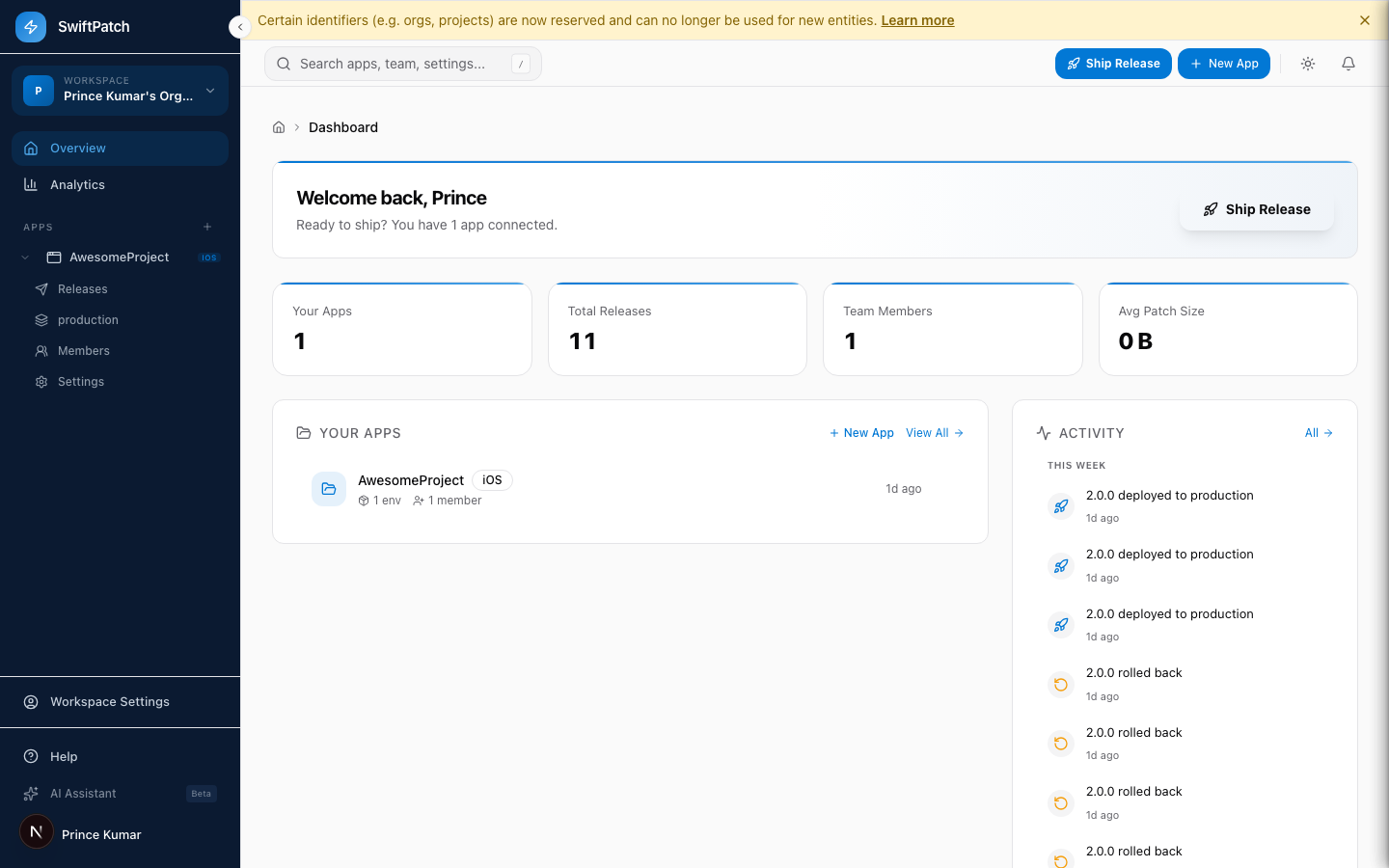 Dashboard in dark mode