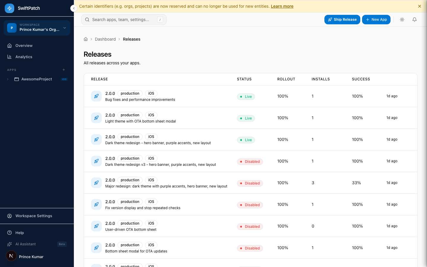 Releases deployed via CLI appear instantly in the dashboard