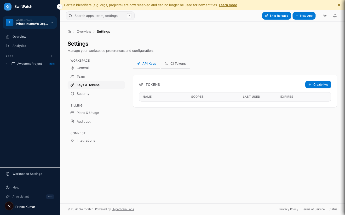 Create CI tokens in the API keys settings